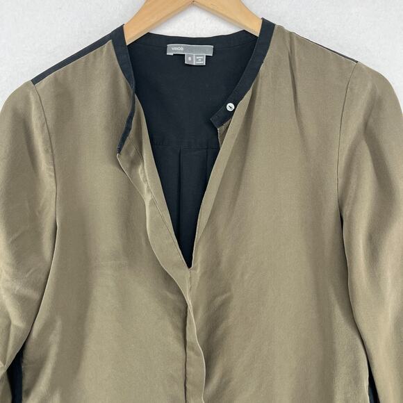 VINCE Top Women 8 Silk Crepe de Chine Colorblock Tunic Keyhole Long Sleeve Black - Picture 3 of 16